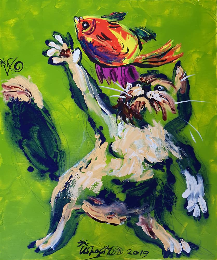 Playful Cat Chasing Fish by Kanat Ibragimov — canvas wall art