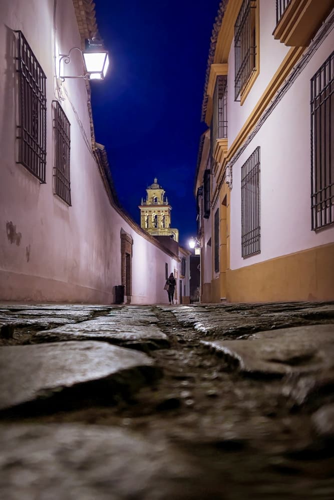 Historic Alley Night Tower by Juan Luis Seco — canvas wall art