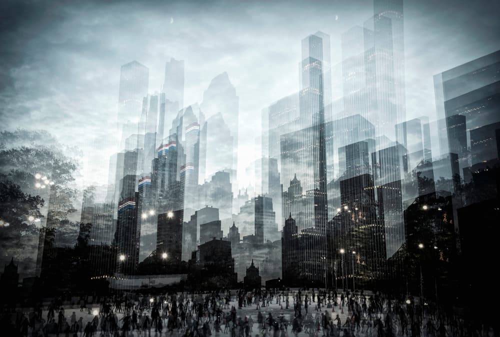 Moody Urban Double Exposure by Krisztina Lacz — canvas wall art