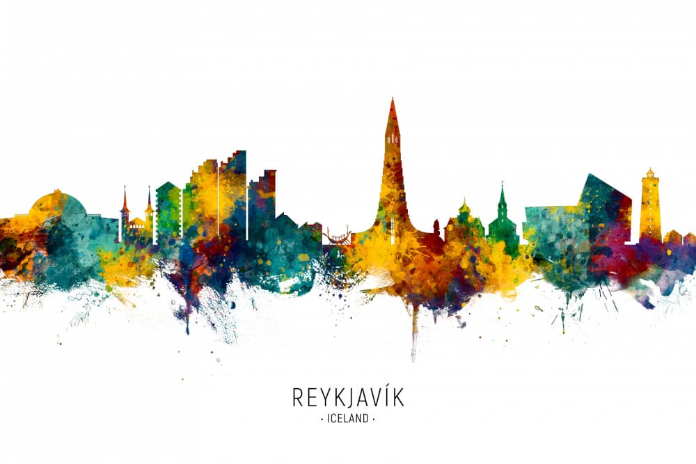 Reykjavík Watercolor Skyline by Michael Tompsett — canvas wall art