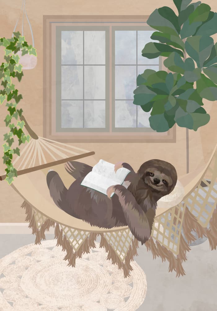 Cozy Sloth Reading by Sarah Manovski — canvas wall art