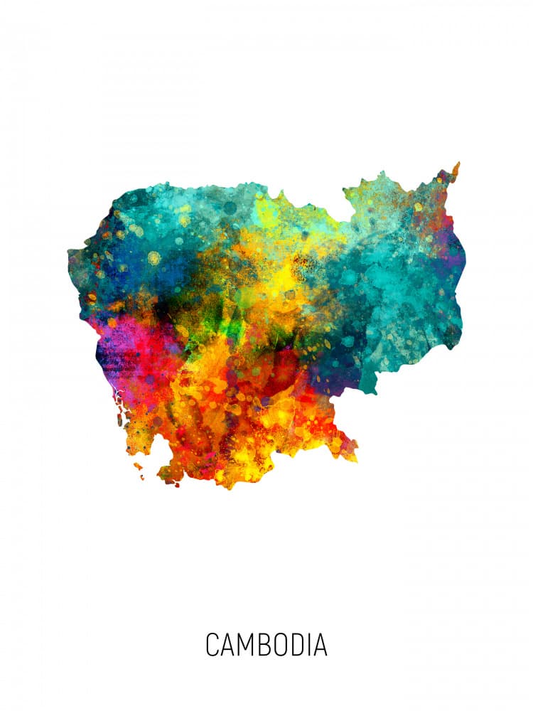 Colorful Cambodia Map by Michael Tompsett — canvas wall art