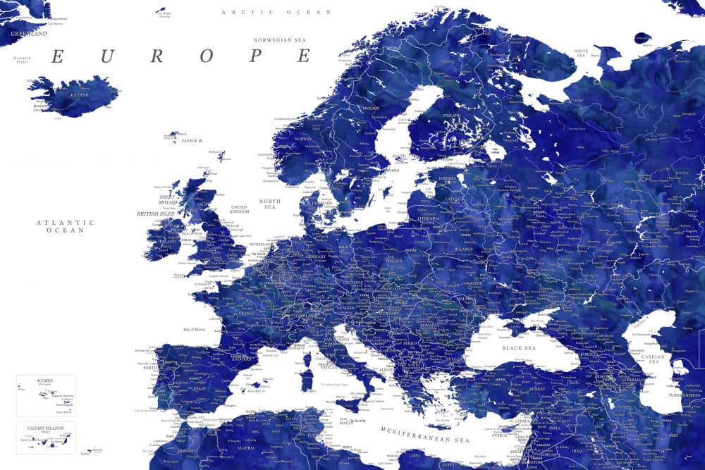 Watercolor Europe Map by Rosana Laiz Blursbyai — canvas wall art