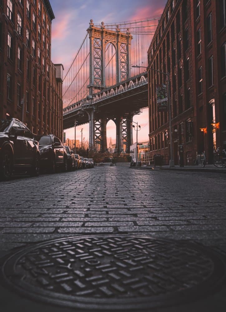 Manhattan Bridge DUMBO Sunset by InTheMoment — canvas wall art