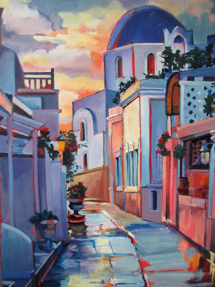 Santorini Sunset Street by Maxine Shore — canvas wall art
