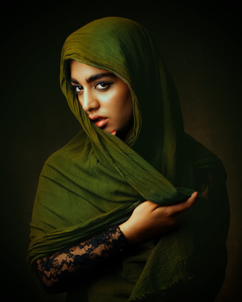 Mysterious Green Scarf Woman by Mehdi Mokhtari — canvas wall art