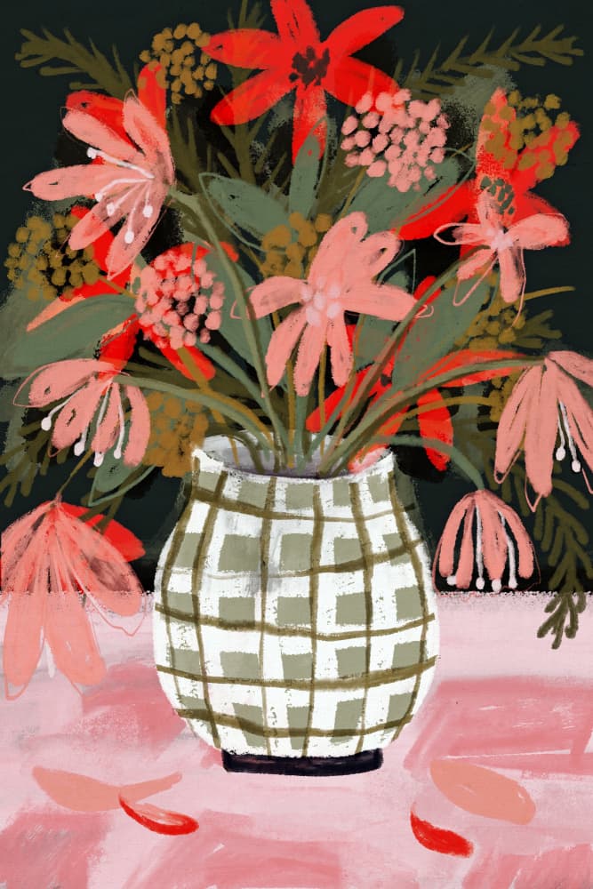 Petals in Patterned Vase by Treechild — canvas wall art
