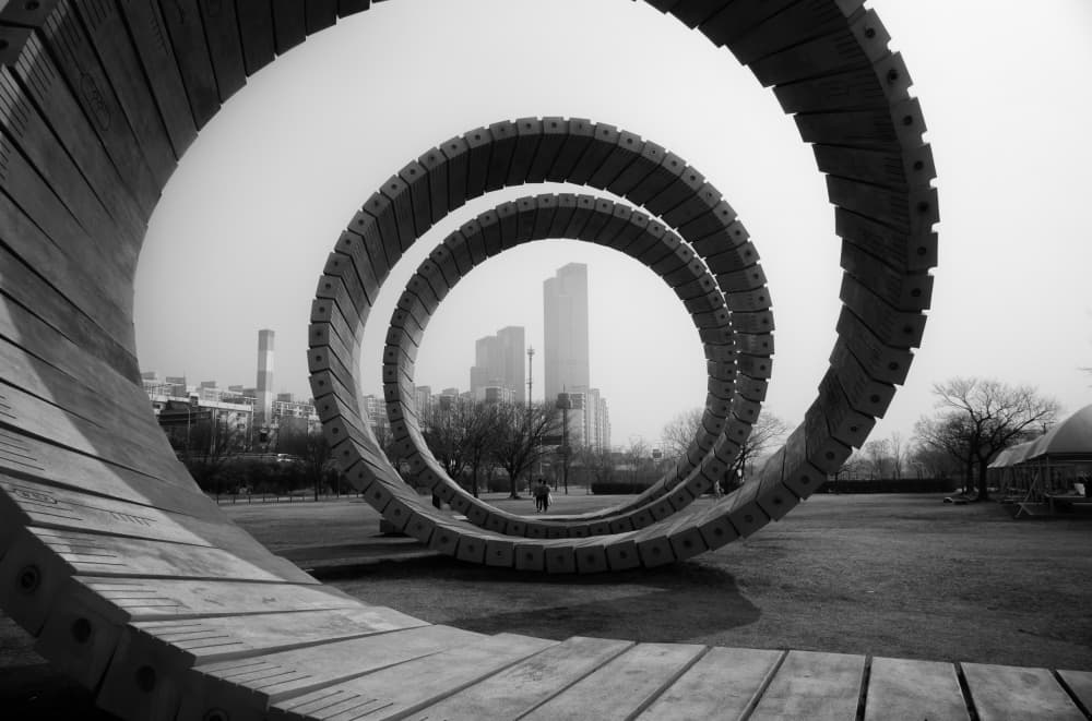 Monochrome Spiral City by Bong Goo Kang — canvas wall art