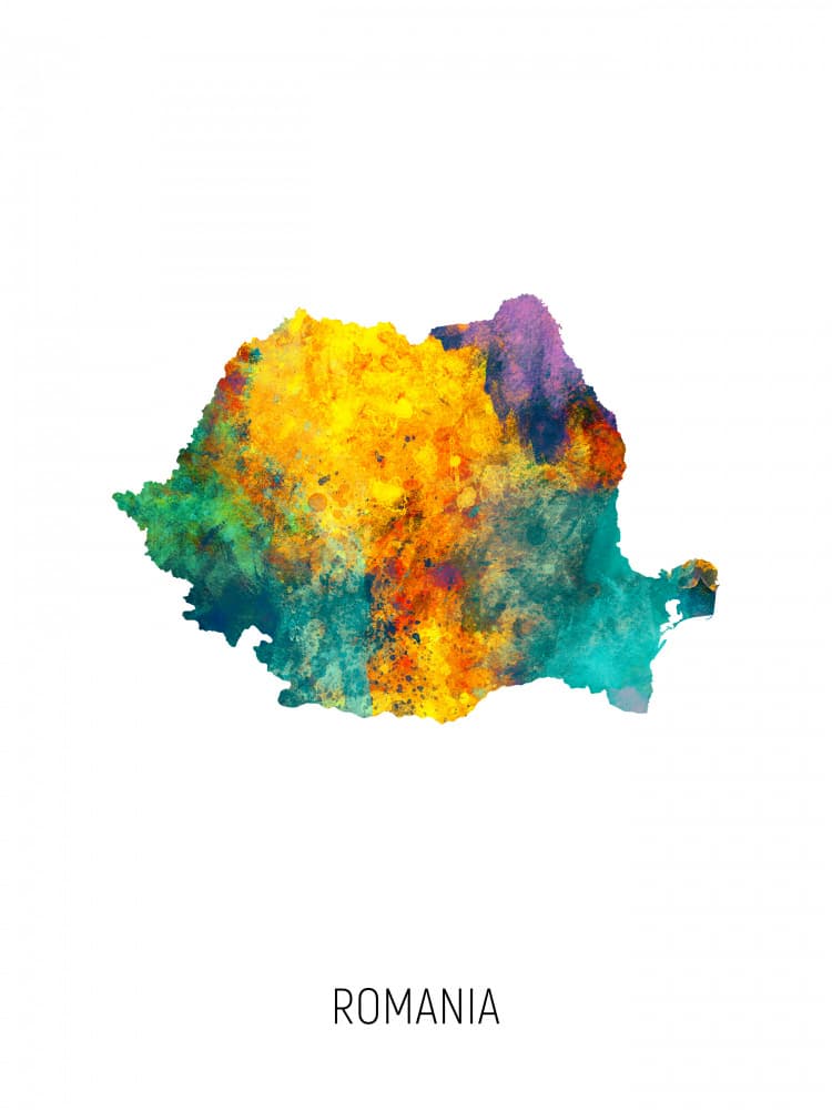 Vibrant Romania Map by Michael Tompsett — canvas wall art