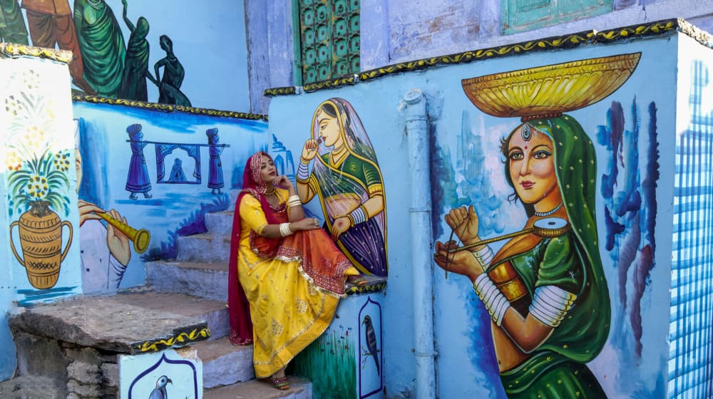 Indian Woman Blue Murals by SAMIR KUMAR SAMANTA — canvas wall art