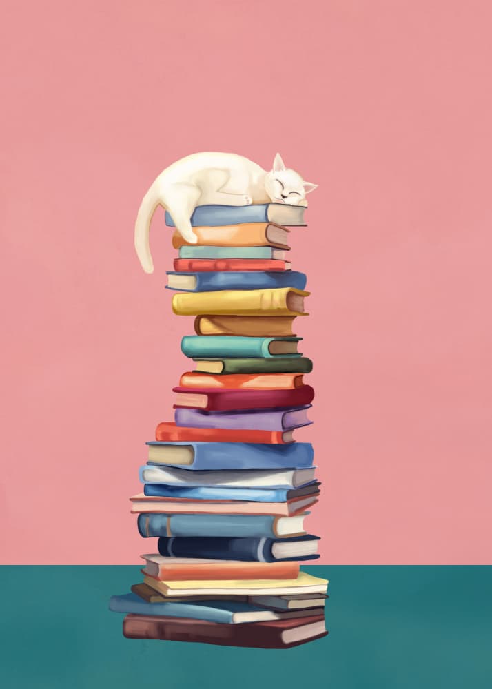Cozy Cat on Colorful Books by Flow Line — canvas wall art