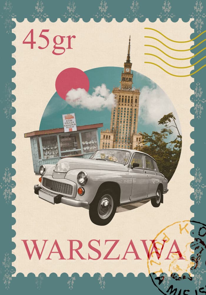 Warsaw Vintage Car Stamp by Daniel Donocik — canvas wall art
