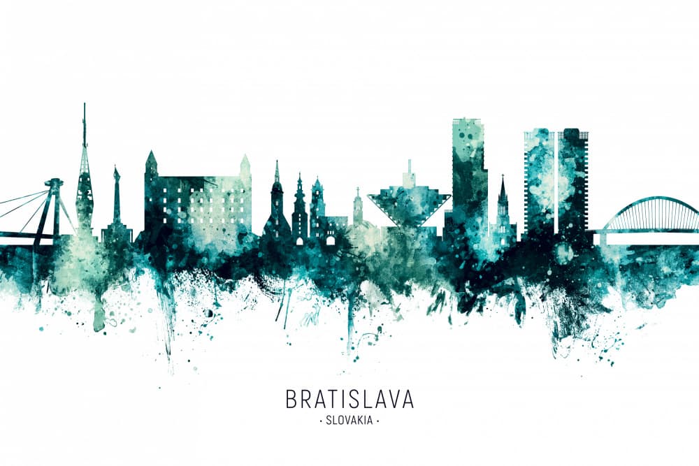 Bratislava Skyline Watercolor by Michael Tompsett — canvas wall art