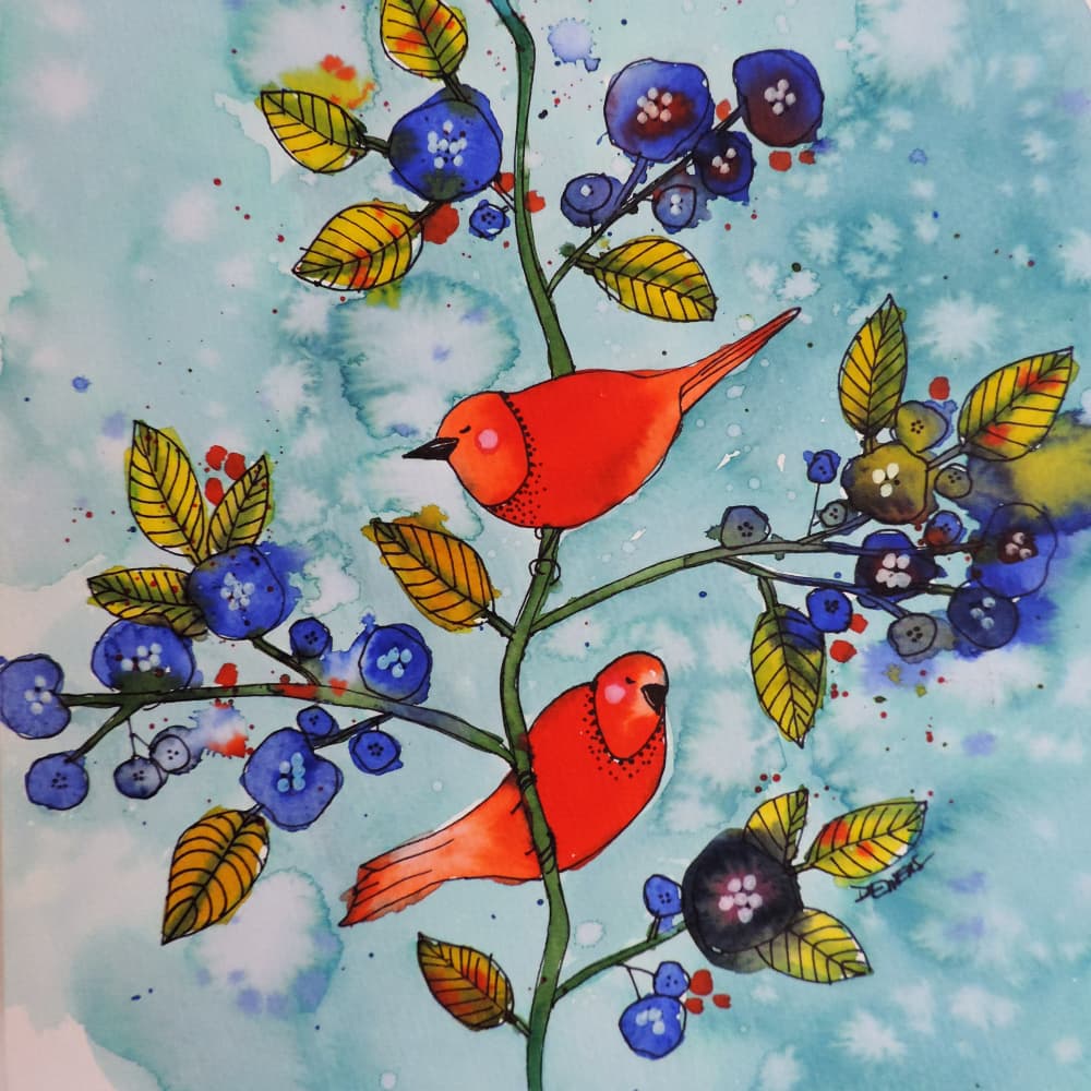 Red Birds and Berries by Sylvie Demers — canvas wall art