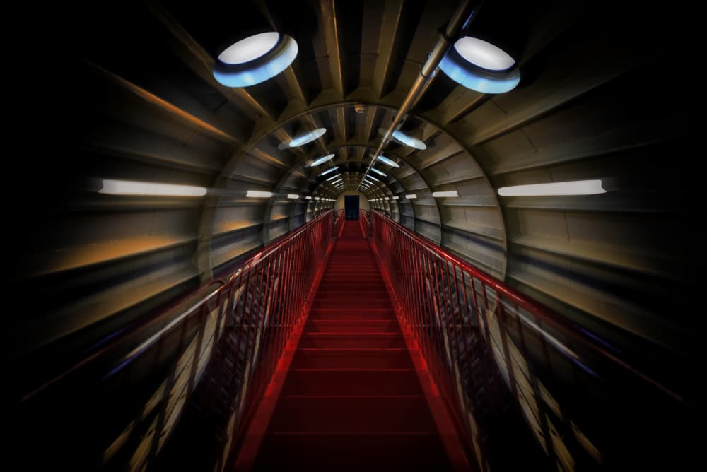 Long Red Escalator by Jorge Pimenta — canvas wall art