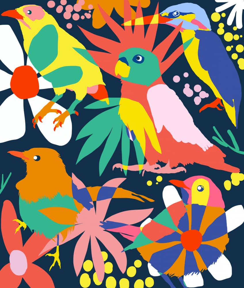 Vibrant Tropical Birds by Uma Gokhale — canvas wall art
