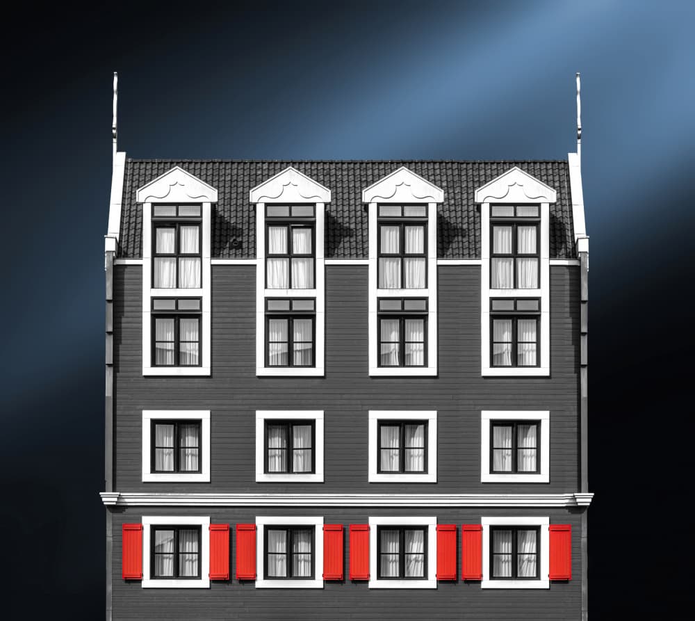 Red Shutter House Facade by Roland M Schwerdtfeger — canvas wall art
