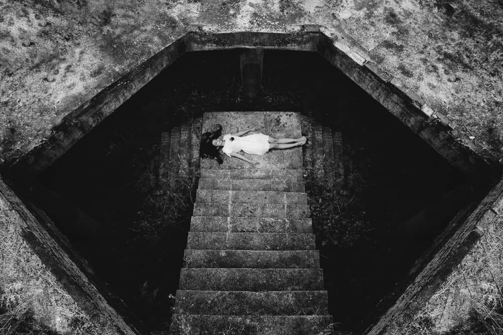 Mysterious Woman Dark Stairs by Yugie Potret — canvas wall art