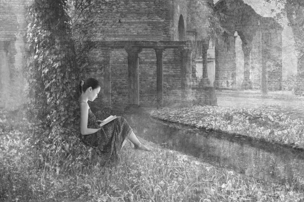 Serene Reader In Ruins by Eiji Yamamoto — canvas wall art