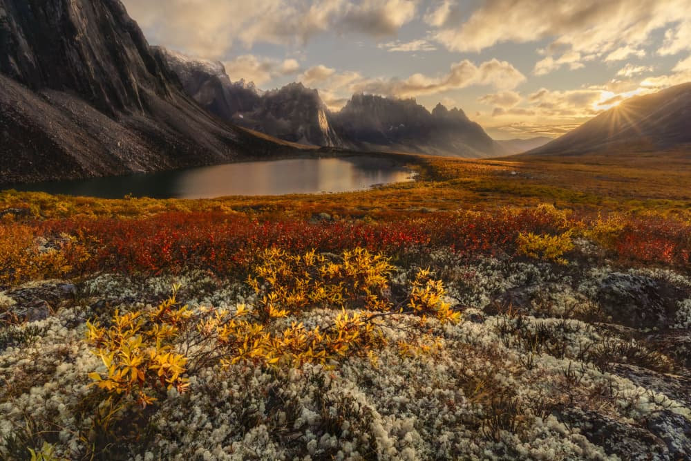 Autumn Mountain Lake Sunset by Jennie Jiang — canvas wall art