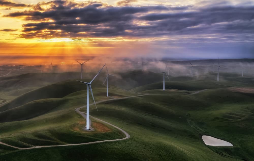 Misty Sunrise Wind Farm by Jenny Qiu — canvas wall art
