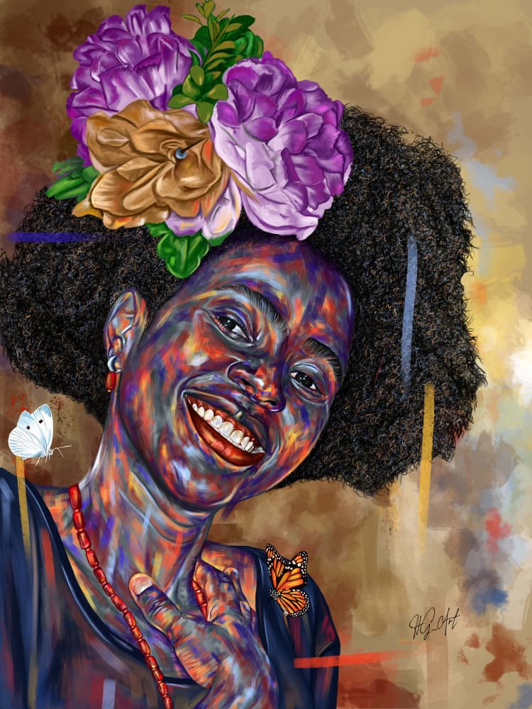 Joyful Woman Vibrant Flowers by Ojenike Oladapo — canvas wall art
