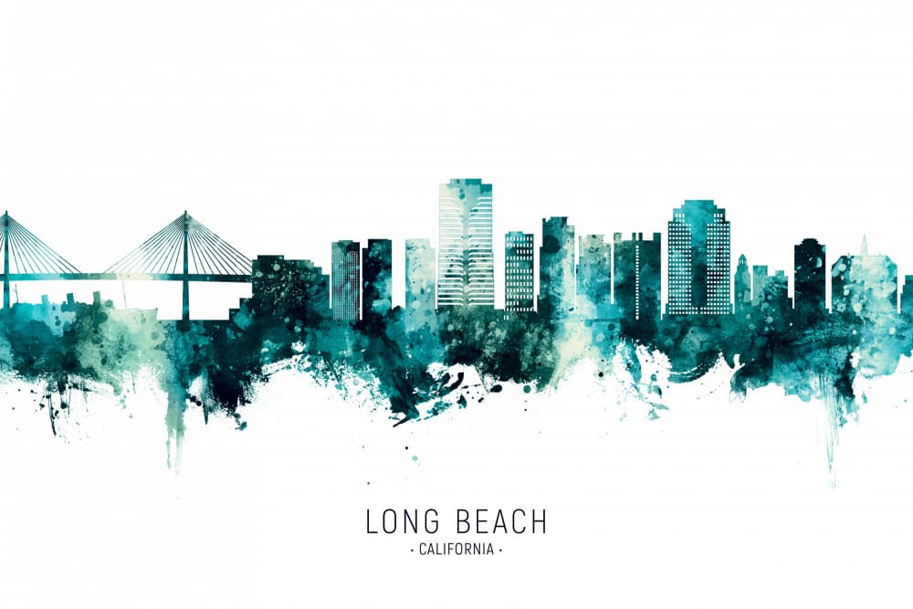 Long Beach Skyline Watercolor by Michael Tompsett — canvas wall art