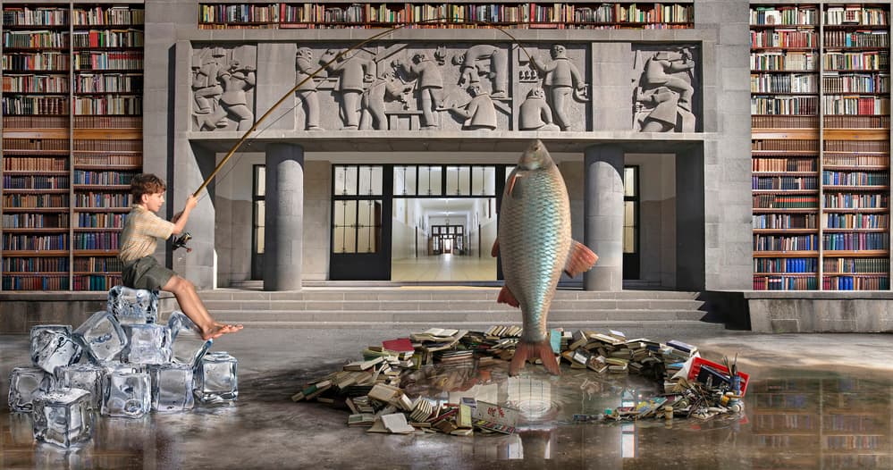Surreal Library Fishing by DDiArte — canvas wall art