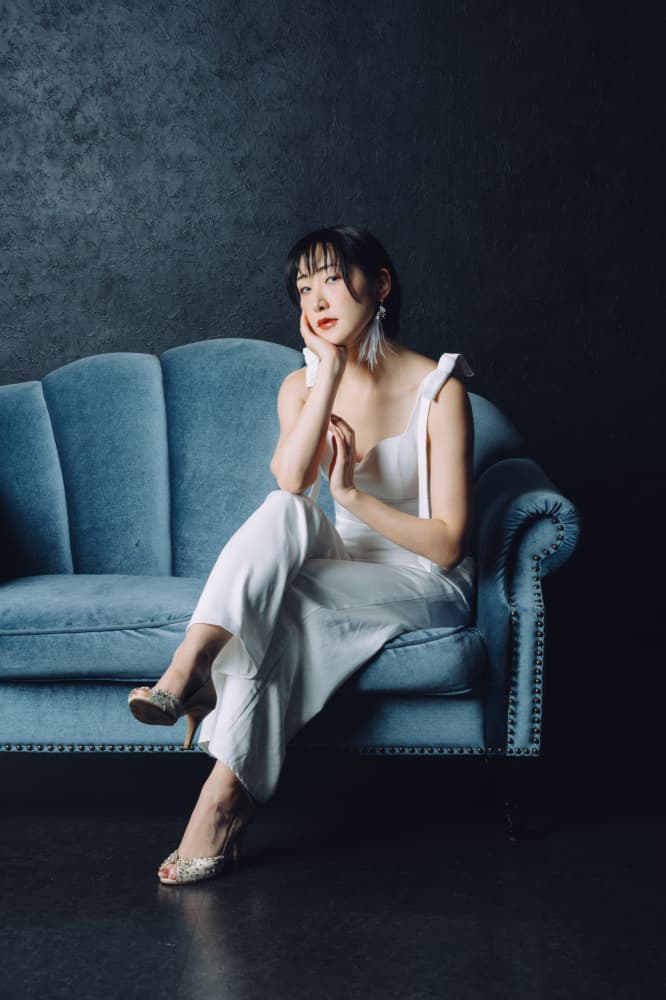 Elegant Woman Blue Sofa by h112o1 — canvas wall art
