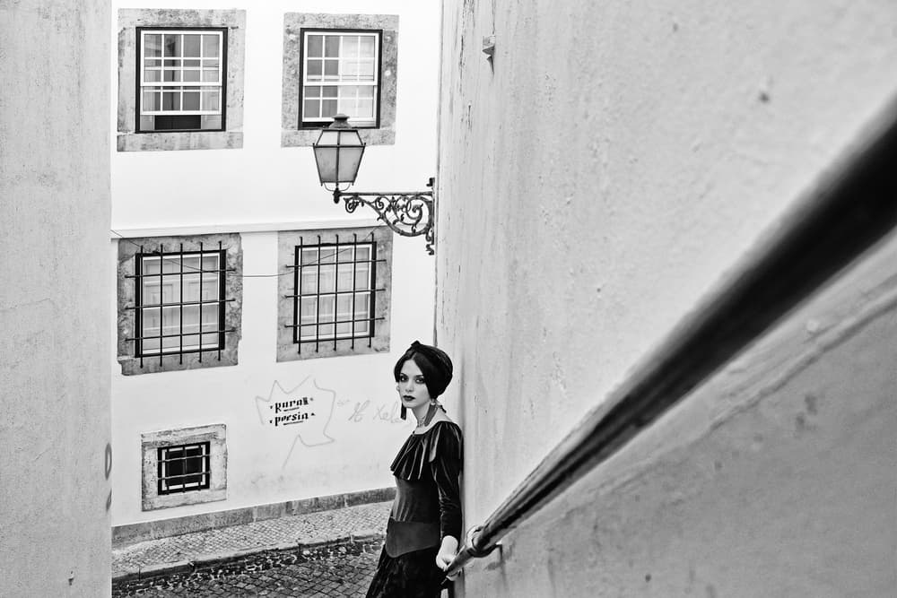 Elegant Woman Alley Stairs by Josefina Melo — canvas wall art
