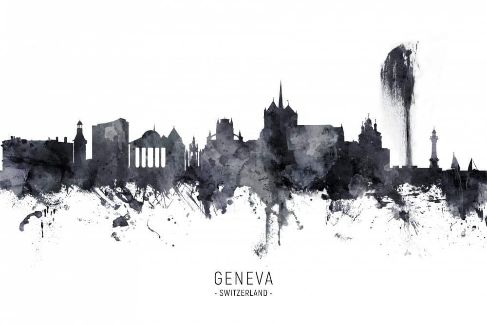 Watercolor Geneva Skyline by Michael Tompsett — canvas wall art