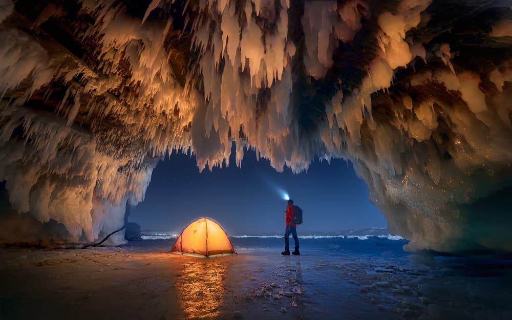 Ice Cave Camping Night by Jesús M. García — canvas wall art