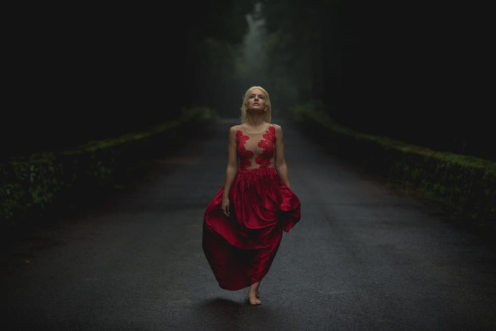 Red Dress Dark Path by Luís Godinho — canvas wall art