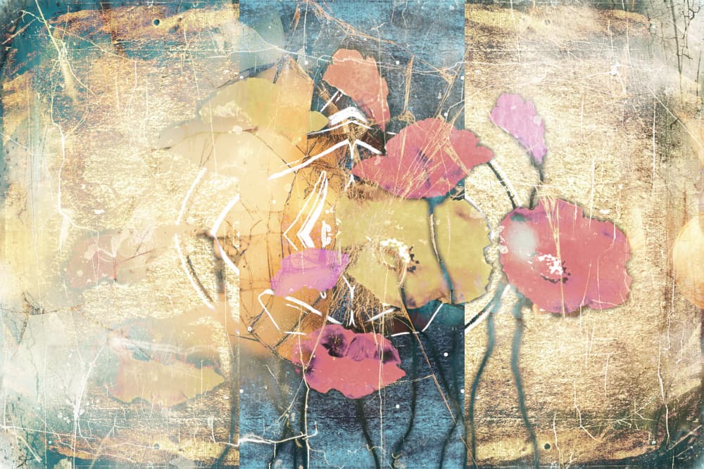 Golden Distressed Poppies by Rafal Kulik — canvas wall art