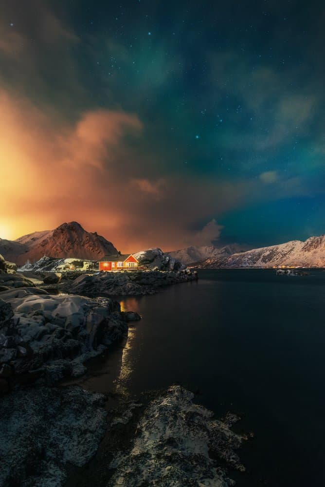 Northern Lights Fjord Home by Giovanni Venier — canvas wall art
