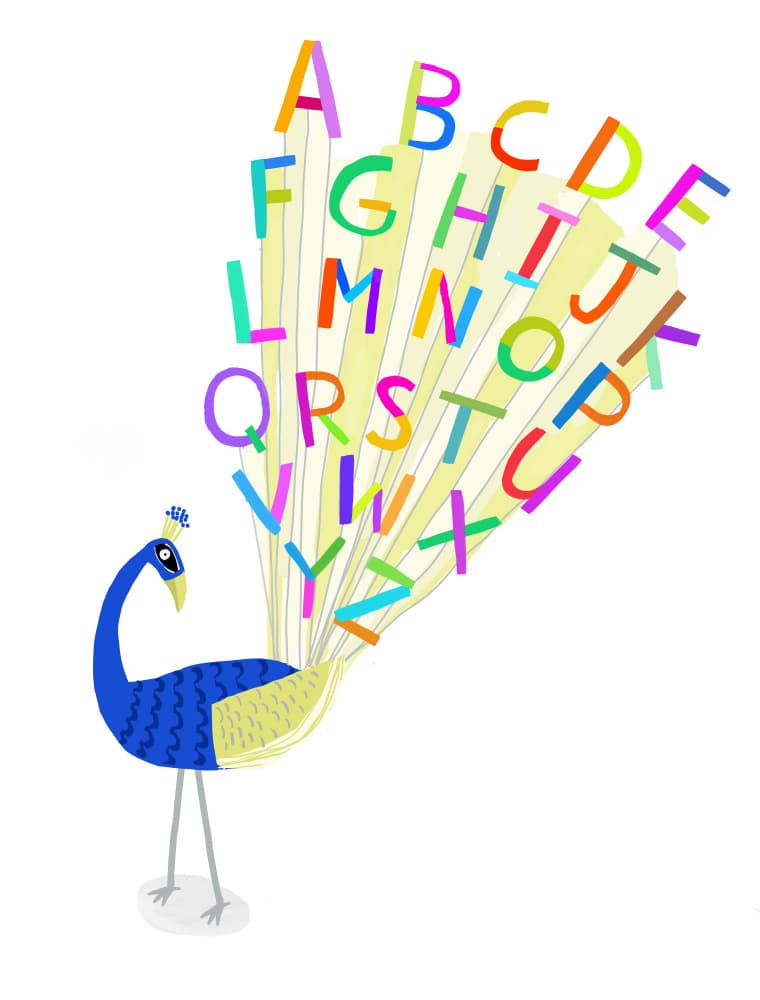 Playful Alphabet Peacock by Carla Daly — canvas wall art