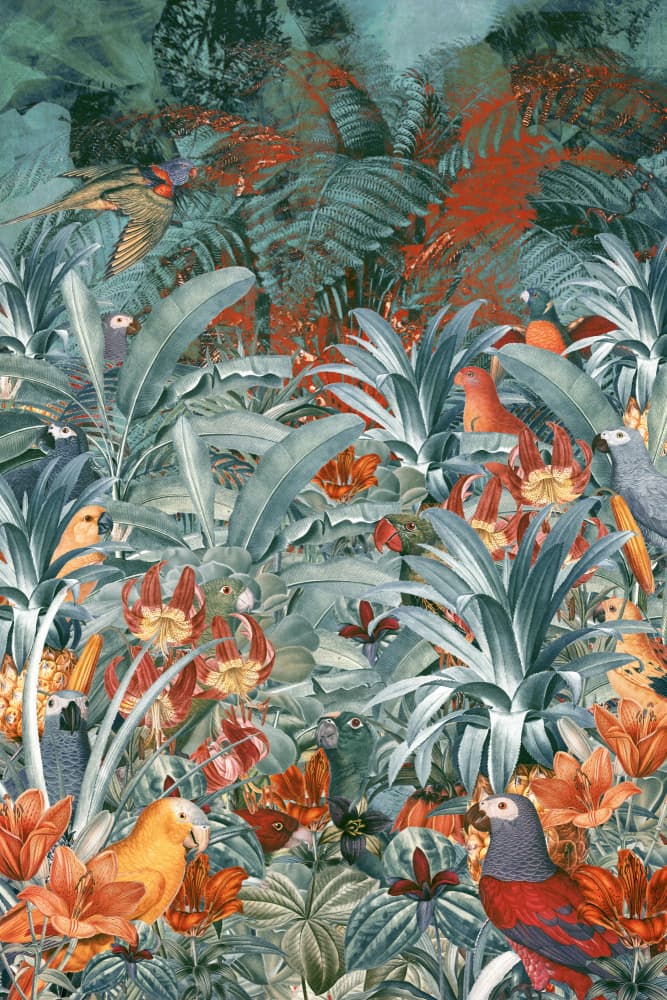 Vibrant Jungle Parrots by Simon Goggin — canvas wall art