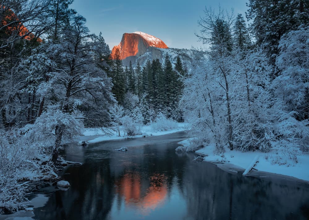 Golden Peak Winter River by Annie Poreider — canvas wall art