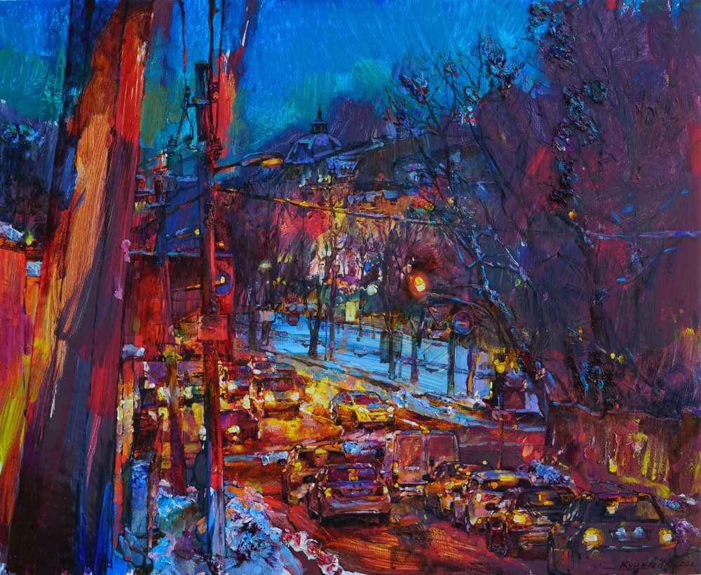 Bustling Winter City Night by Andrii Kutsachenko — canvas wall art