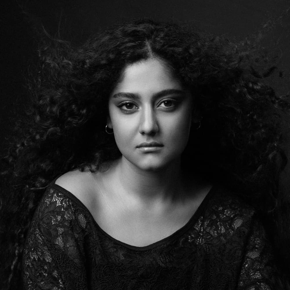 Dramatic Curly Hair Portrait by Mehdi Mokhtari — canvas wall art