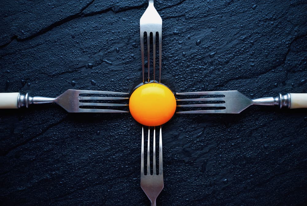 Golden Yolk and Forks by Karina Aleksandrova — canvas wall art