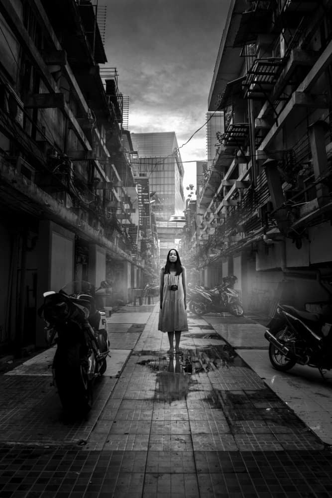 Lone Woman Misty Street by boonlertro — canvas wall art