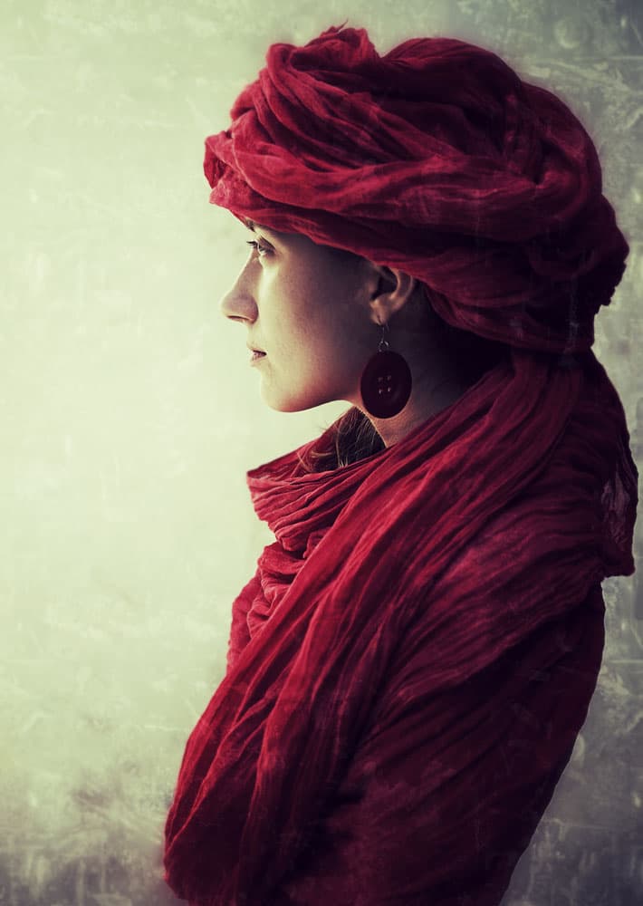 Thoughtful Woman in Red by kenp — canvas wall art