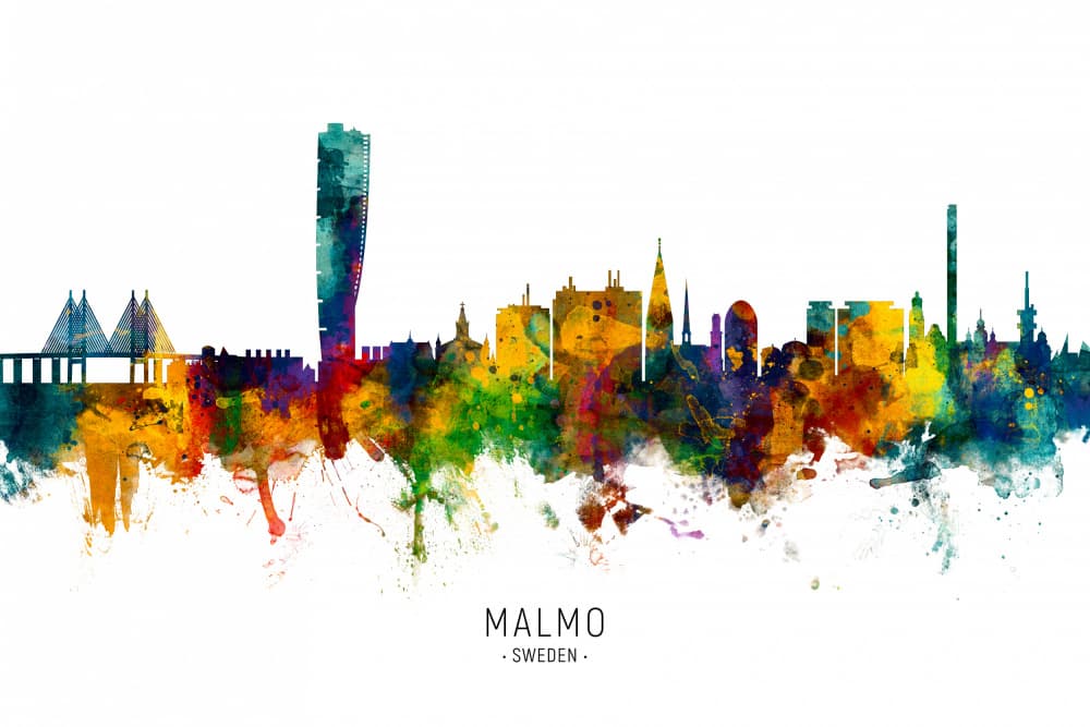 Colorful Malmö Skyline by Michael Tompsett — canvas wall art