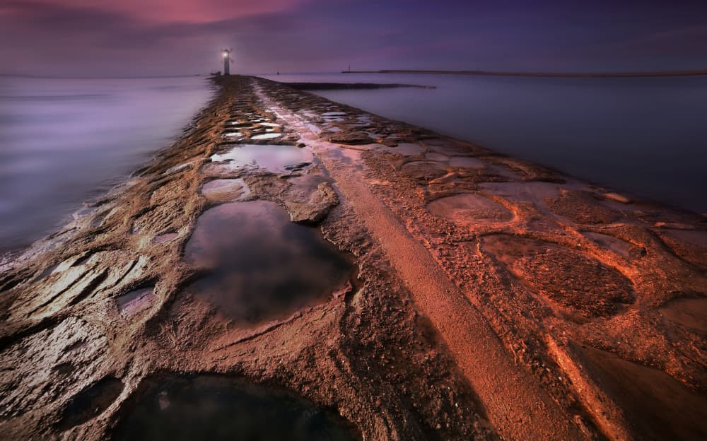 Lighthouse Pier Twilight by paralaxa — canvas wall art