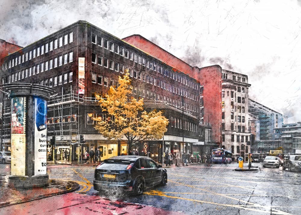 Vibrant Urban Autumn Sketch by Justyna Jaszke — canvas wall art