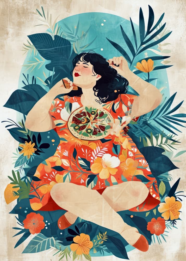 Happy Woman Eating Pizza by Justyna Jaszke — canvas wall art