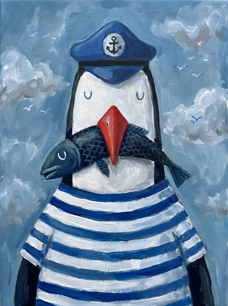 Sailor Penguin With Fish by HUGO — canvas wall art
