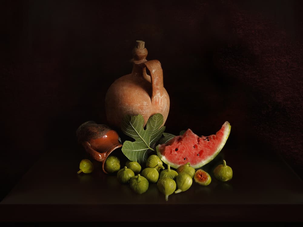 Figs and Watermelon Still Life by Juan Antonio Palacios — canvas wall art