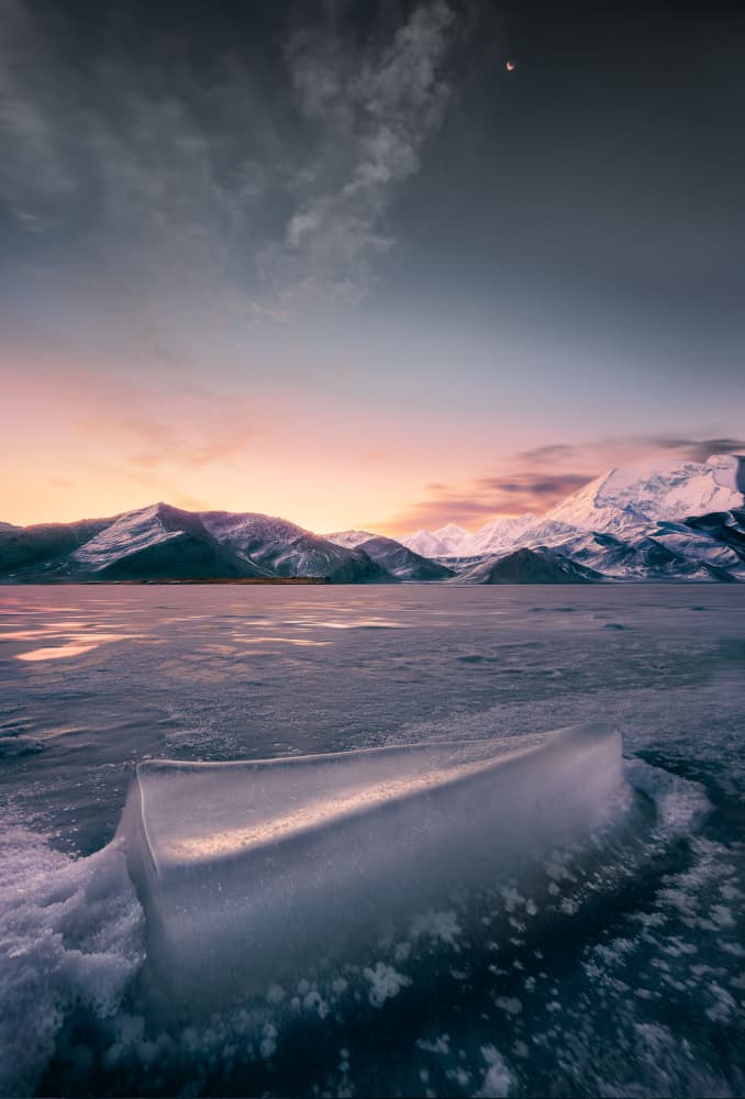 Frozen Lake Mountain Sunset by YANGYING — canvas wall art